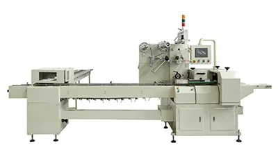 Envasadora horizontal flow pack SF-N sin bandeja para galletas en posición vertical