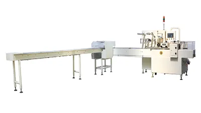 Envasadora horizontal flow pack SF-G sin bandeja con doble canal para galletas en posición vertical