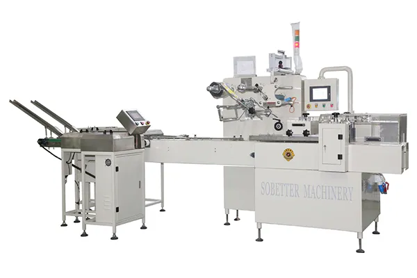 Envasadora horizontal flow pack SF-G sin bandeja con sistema multiservo para galletas en posición vertical